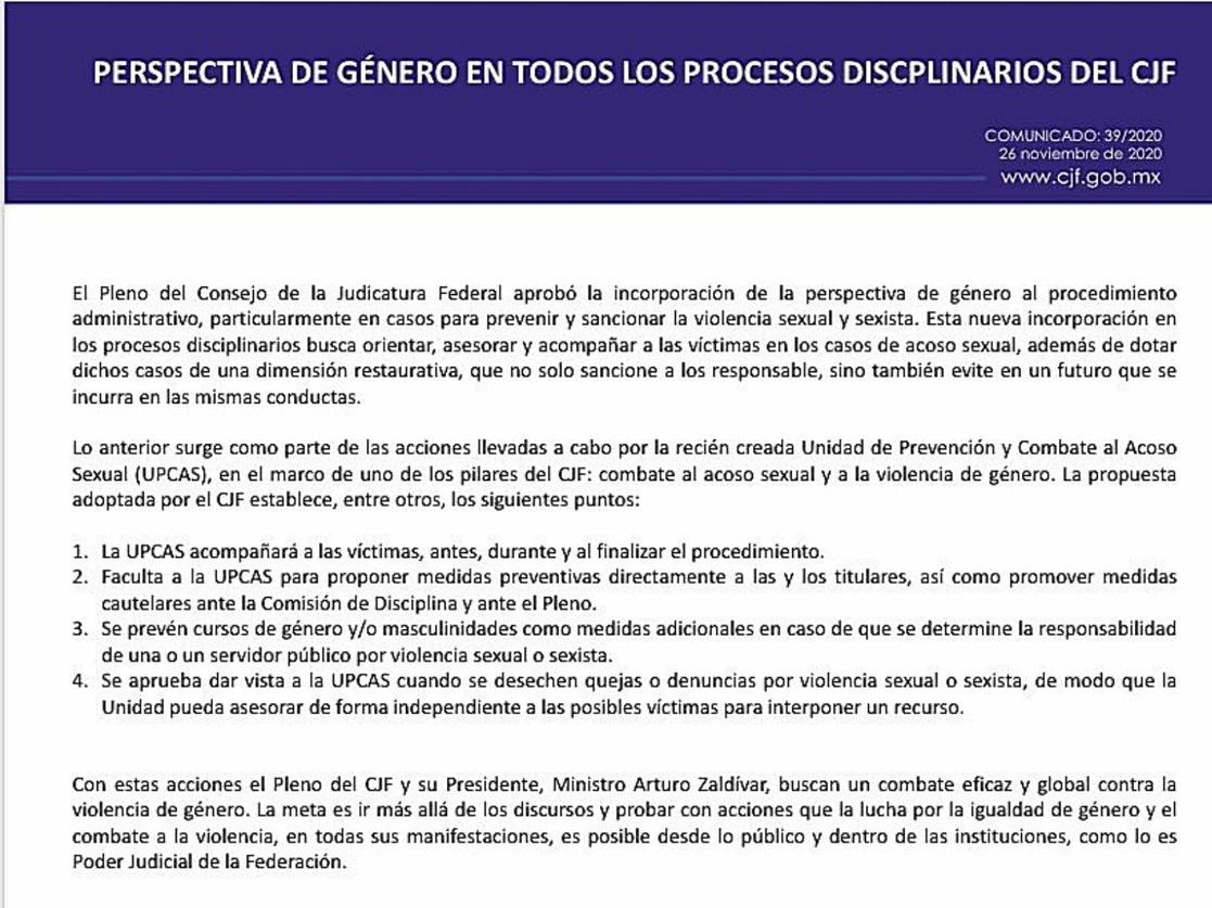 La Jornada CJF crea la Unidad de Prevención y Combate al Acoso Sexual