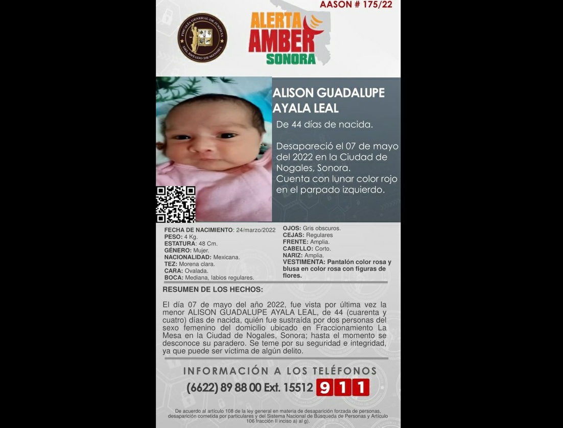 La Jornada FGE activa alerta Amber por bebé desaparecida en Nogales