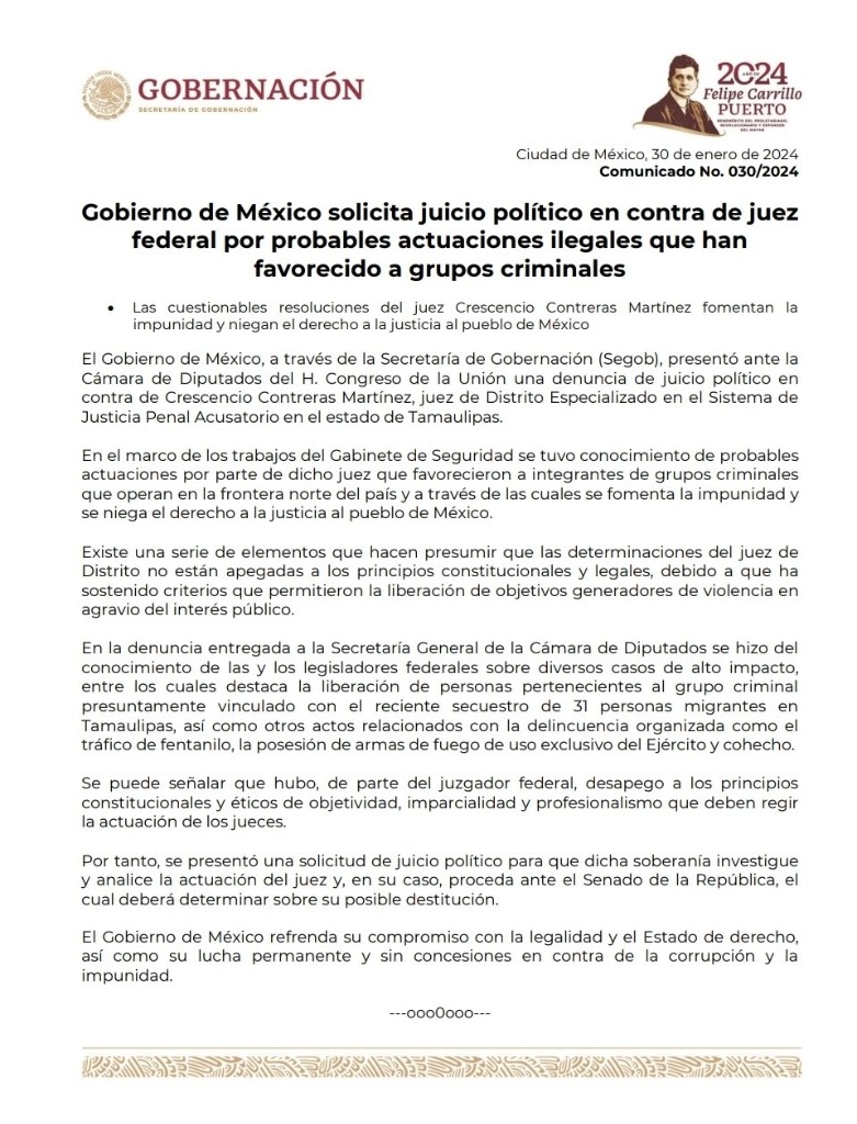 La Jornada Gobierno presenta solicitud de juicio político contra juez