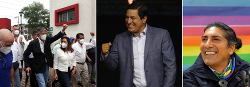 El ex banquero Guillermo Lasso se dirige a votar en Guayaquil. Al centro, el candidato correísta Andrés Arauz, celebra en Quito, mientras espera los resultados oficiales de las votaciones. A la derecha, el aspirante presidencial por el partido Pachakutik, Yaku Pérez, durante una conferencia de prensa.