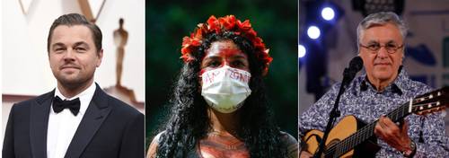 El actor Leonardo DiCaprio, una indígena de la Amazonia, durante una protesta, y el cantautor Caetano Veloso.