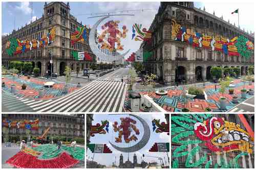 En el Zócalo continúan los preparativos para conmemorar los 500 años de resistencia indígena, por lo que ahora hay adornos alusivos a Quetzalcóatl y en breve se podrá apreciar una enorme maqueta del Templo Mayor de Tenochtitlan.