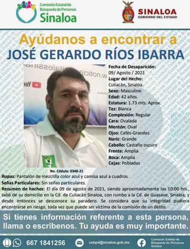 Ficha de búsqueda de José Gerardo Ríos Ibarra, presidente del Comité Directivo Estatal del Partido Verde Ecologista de México en Sinaloa, secuestrado la tarde del lunes en la carretera libre de Guasave-Los Mochis.