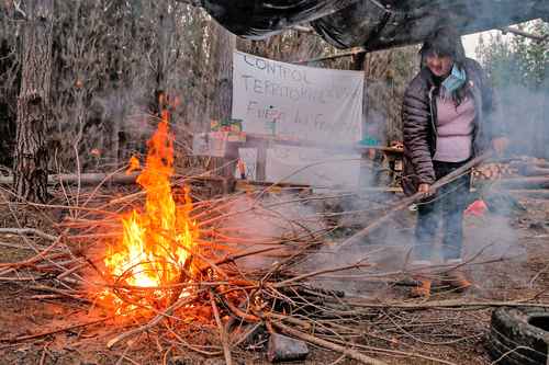 Un militante del grupo mapuche Coordinadora Arauco Malleco enciende una fogata durante la ocupación de las tierras de una empresa forestal en Traiguen, región de la Araucanía.