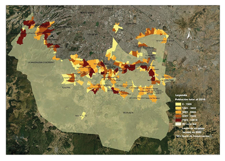 Mapa de rangos de población total en Suelo de Conservación, 2010.