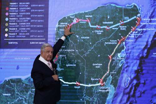 El presidente Andrés Manuel López Obrador presentó ayer avances del Tren Maya, luego de que un juez revocara la suspensión de obras en el tramo 5.