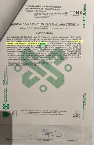 Facsímil del documento que demuestra la adquisición del inmueble por Luis Alberto Mendoza Acevedo
