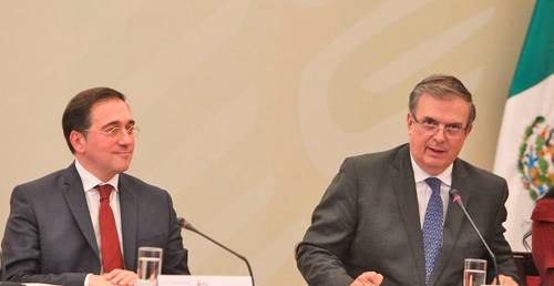 José Manuel Albares, ministro de Asuntos Exteriores, y el canciller Marcelo Ebrard durante la reunión de la Comisión Binacional México-España realizada el jueves.