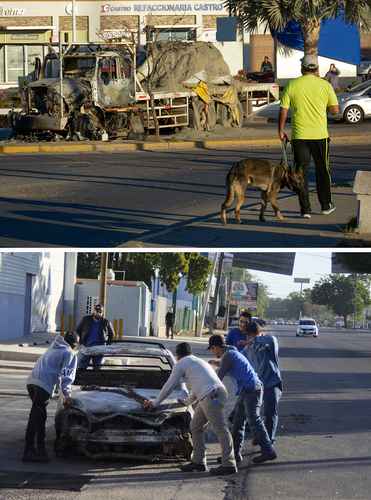 Escenas en las calles de Culiacán, un día después de la recaptura del hijo de El Chapo. El secretario de Seguridad estatal informó que los criminales arrebataron 250 vehículos a sus dueños.