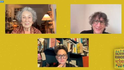 Margaret Atwood, Neil Gaiman y Erica Wagner, reunidos en la plataforma de Pen América.