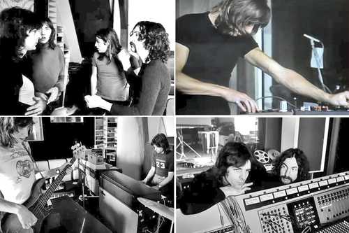 Capturas de pantalla tomadas de YouTube de la grabación de The Dark Side of the Moon, en los estudios Abbey Road (Inglaterra), y Obscured by Clouds, en los Strawberry (Francia). Aparecen Richard Wrigth, Roger Waters, David Gilmour y Nick Mason.
