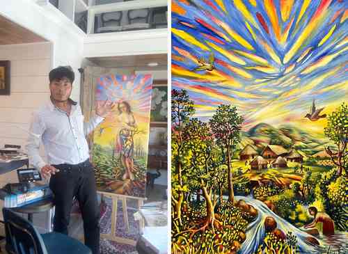 En sus obras surrealistas, Jorge Domínguez plasma paisajes y elementos de su tierra y cultura. En las imágenes, retrato del autor y la pieza Un rincón en la Huasteca (2020).