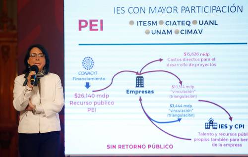 La directora del Consejo Nacional de Ciencia y Tecnología, María Elena Álvarez-Buylla Roces, durante la conferencia matutina en que denunció el saqueo “tecnológico” de 2 mil 600 millones de pesos durante cuatro sexenios.