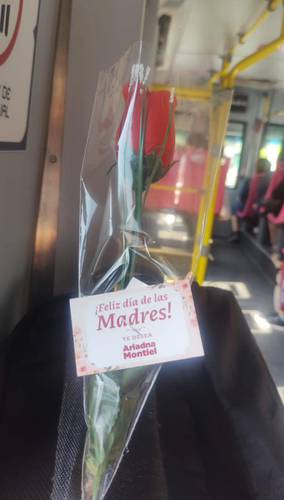 Por el Día de las Madres, pasajeras del Metro recibieron una rosa con la tarjeta que tenía rotulado el nombre de la titular de la Secretaría de Bienestar, Ariadna Montiel Reyes.
