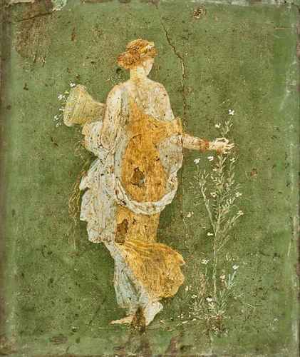 Representación de Flora, diosa de la primavera, las flores y la floración, en el fresco de la Villa Adriana, tesoro resguardado en el Museo Arqueológico Nacional de Nápoles, de cuya página web se tomó la imagen.