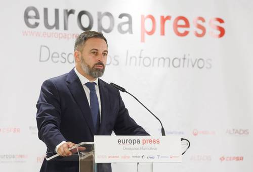 Santiago Abascal, presidente de Vox y candidato en las elecciones generales de España, ayer durante un desayuno de la agencia informativa Europa Press en Madrid.