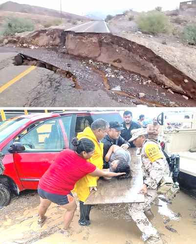 La carretera Transpeninsular, en Baja California, sufrió severos daños a causa del impacto de Hilary; mientras, elementos del Ejército y Fuerza Aérea Mexicana auxilian a la población afectada.