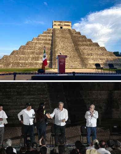 Mauricio Vila, gobernador de Yucatán (segundo, de izquierda a derecha); el presidente López Obrador, y el titular del INAH, Diego Prieto, con arqueólogos de esa institución, durante la ceremonia de apertura del sitio.