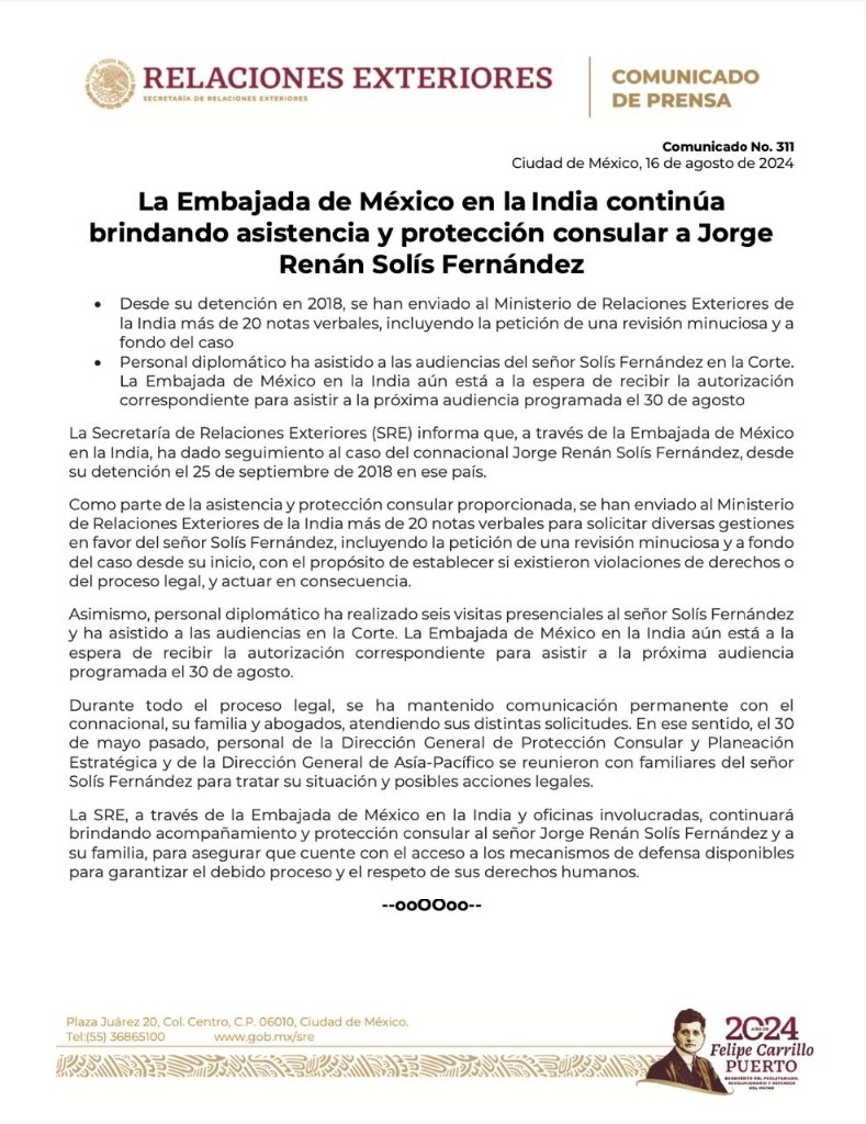 SRE: Follow-up is being given to the case of Renán Solís, a Mexican imprisoned in India